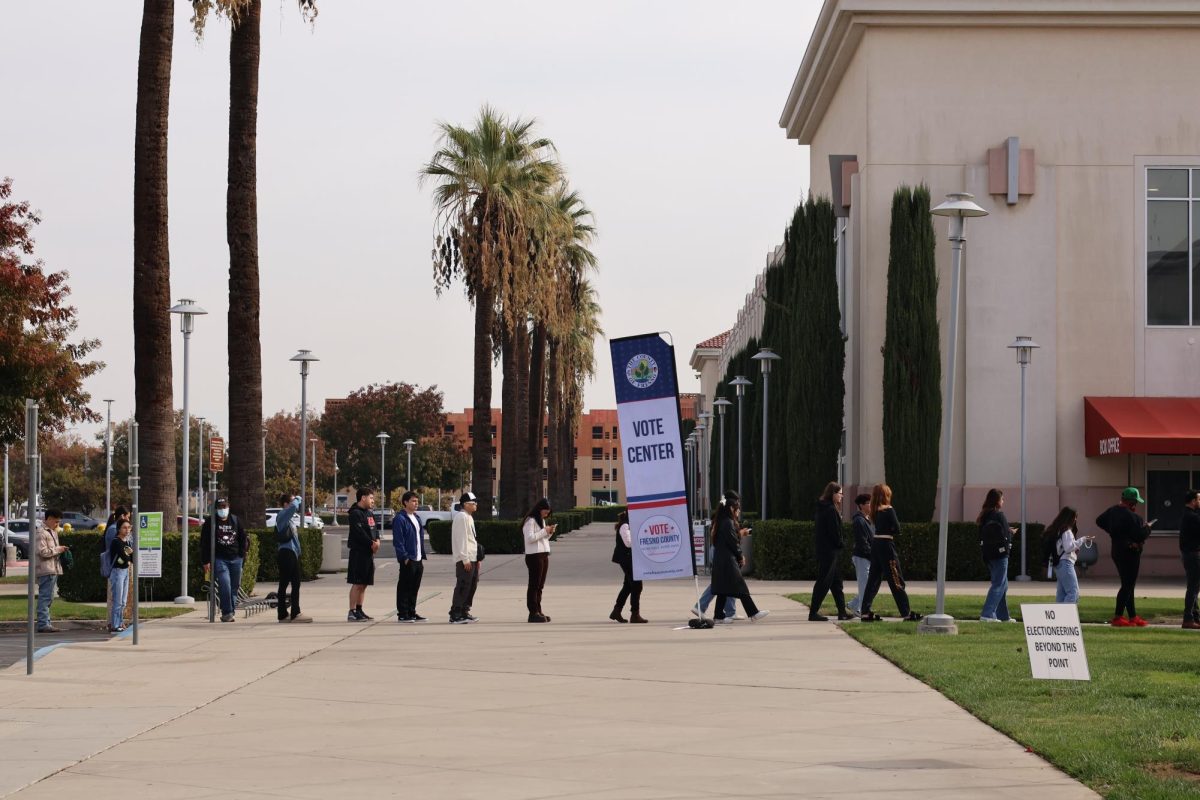 People waiting in line to vote at the Student Rec. Center at the Save Mart Center on Nov. 5. 