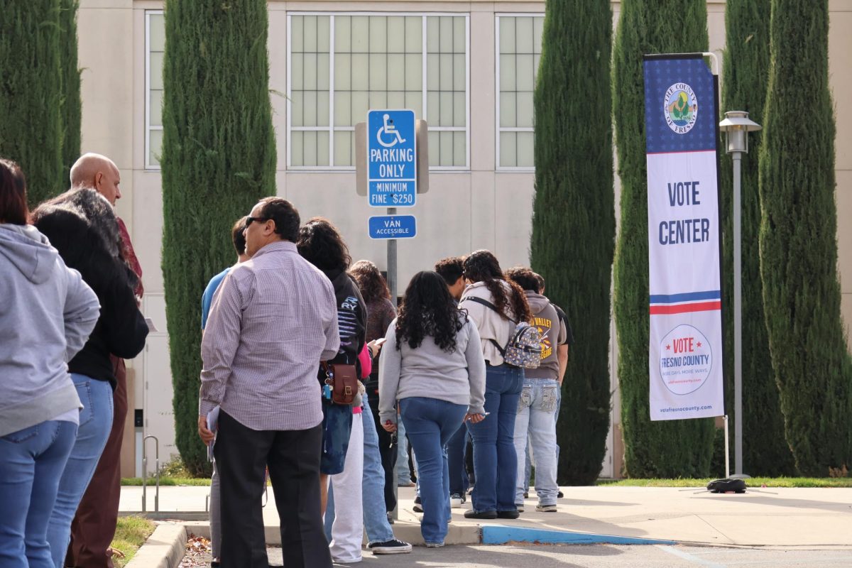 People line up to vote in the 2024 election at the Student Rec. Center located in the Save Mart Center at Fresno State on Nov. 5.