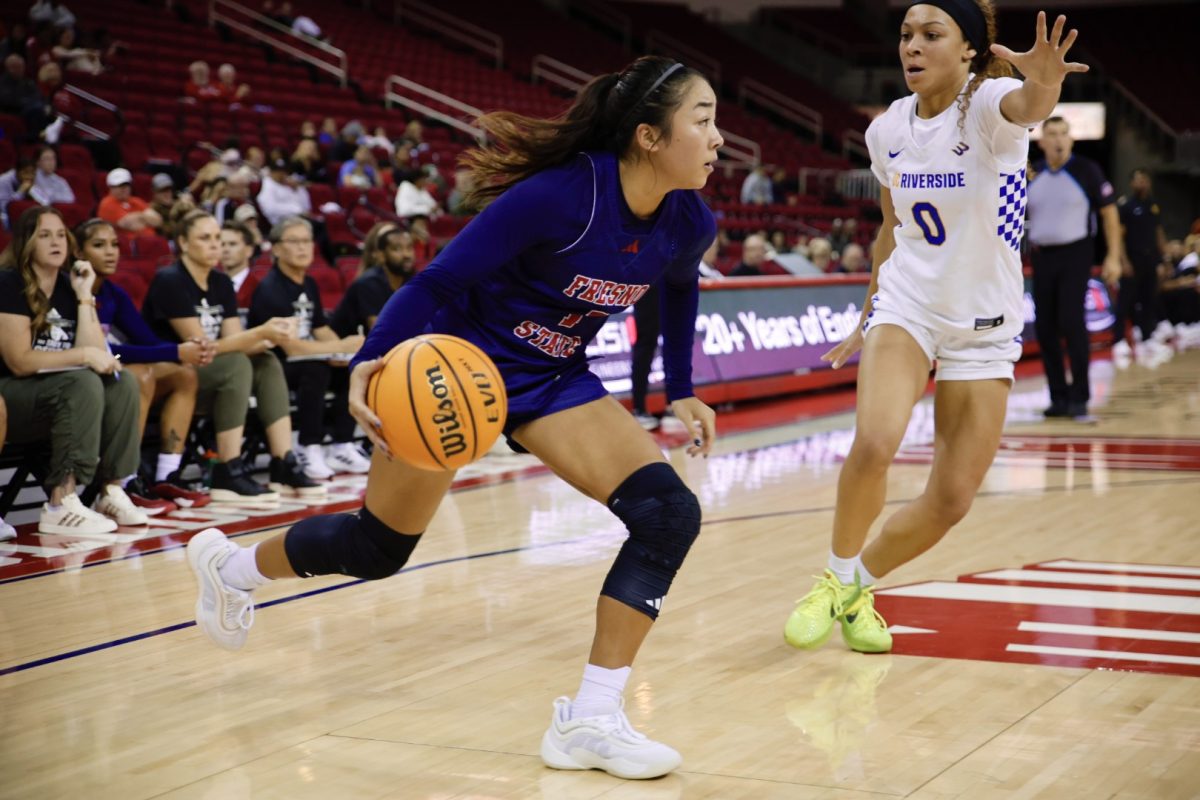 Point guard Taija Sta. Maria dribbling down the baseline in Fresno State's 63-53 win over UC Riverside on Monday, Nov. 11, 2024, at the Save Mart Center. 