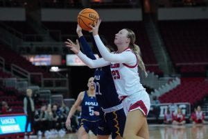 Mia Jacobs, Fresno State forward, goes up to the rim for a point at the Save Mart Center on Dec. 19. 