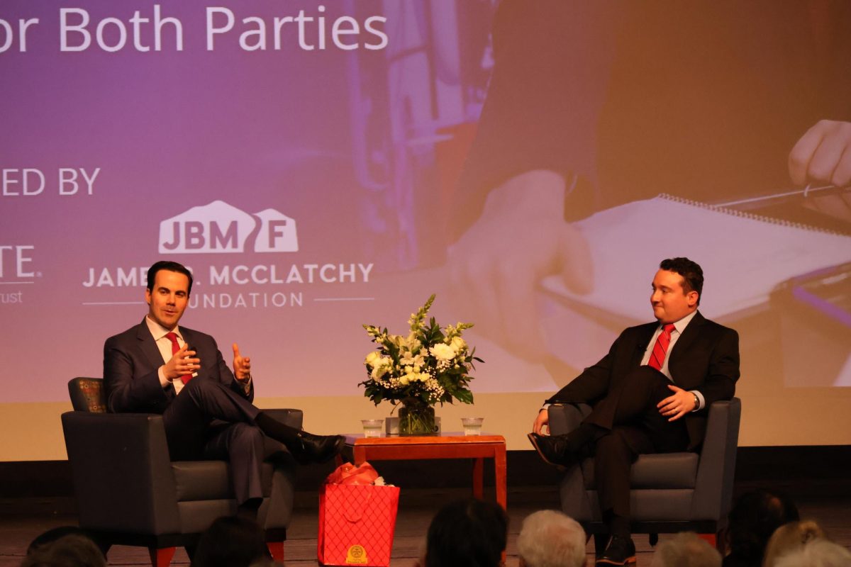 Blake Zante and Robert Costa, chief election correspondent for CBS News, hold a political discussion at Fresno State in the Satellite Student Union on Dec. 2. 