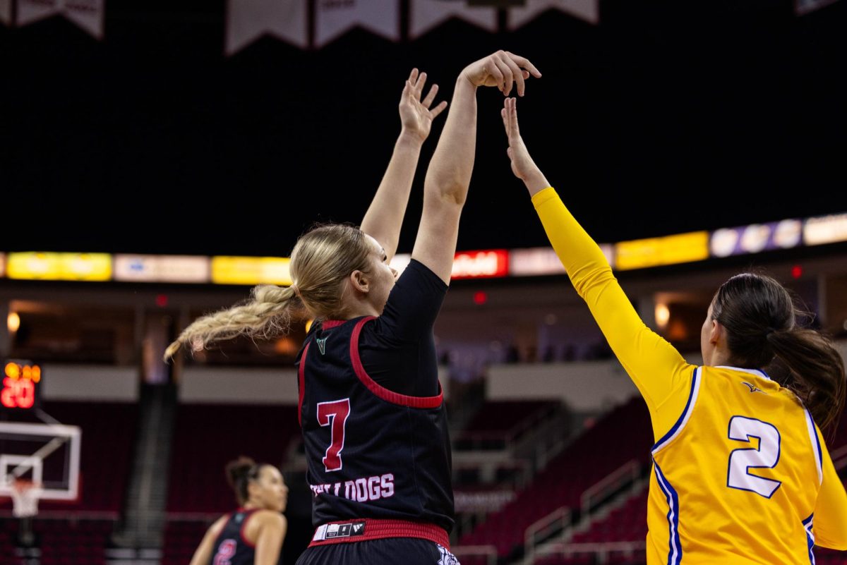 Bulldog point guard Saga Ukkonen drills a three in the first half against California State University, Bakersfield at the Save Mart Center on Dec. 14. 