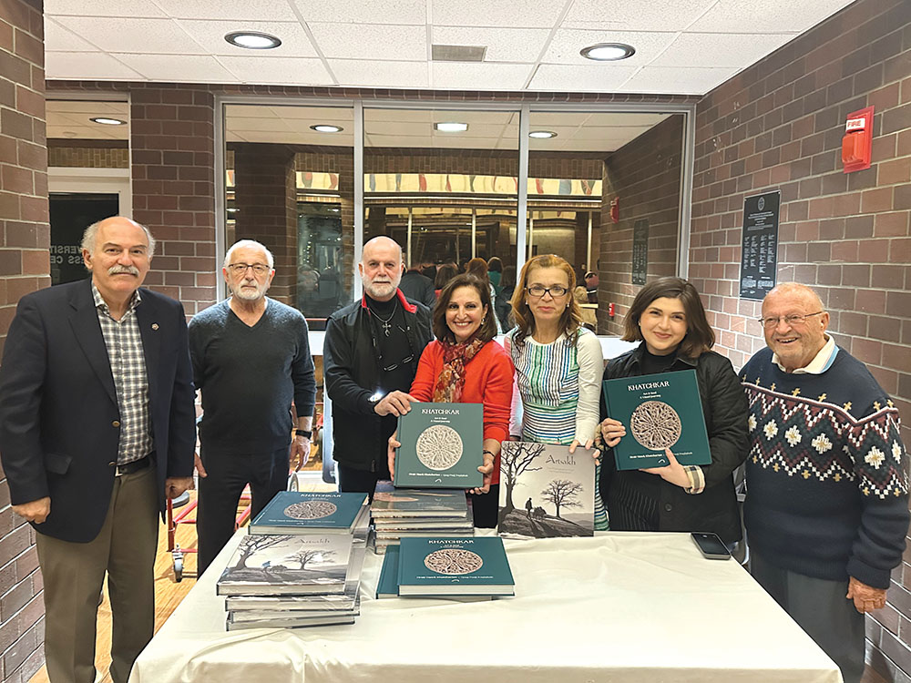 Left to right: Prof. Barlow Der Mugrdechian, Zohrab Atarian,
Hrair Hawk Khatcherian, Karoun Boyadjian, Sylva Guluzian,
Tatevik Hovhanissyan, and Chuck Jamgotchian after the November 14 lecture at Fresno State.