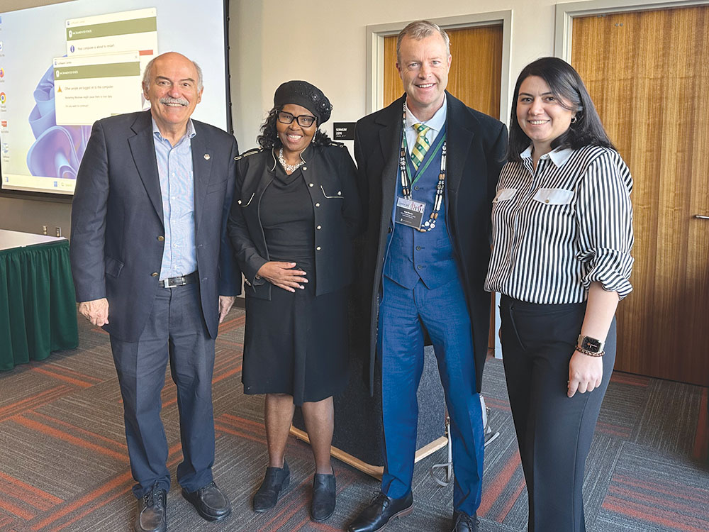 Left to right: Prof. Barlow Der Mugrdechian (Armenian Studies
Program), Dr. Boatamo Ati Mosupyoe, Dean of Students
(Sacramento State), Dr. Mark Wheeler, Senior Advisor to the
President (Sacramento State), and Diana Hayrapetyan (Clark
University).