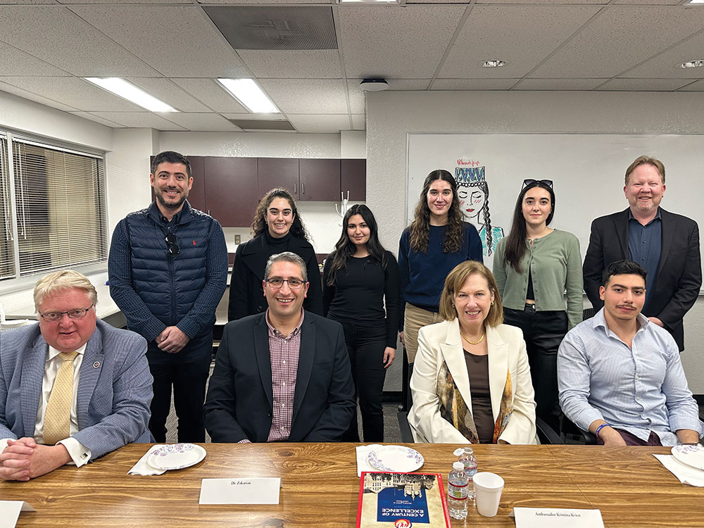 Seated, left to right: Dr. Scott Moore, Dr. David Zakarian, Ambassador Kristina Kvien, Harutyun Amirkhanyan. Standing, left to right: Dr. Hagop Ohanessian, Careen Derkalousdian, Natalie Agazarian, Ani Sargsyan, Mary Khalatyan, and Eddie West.