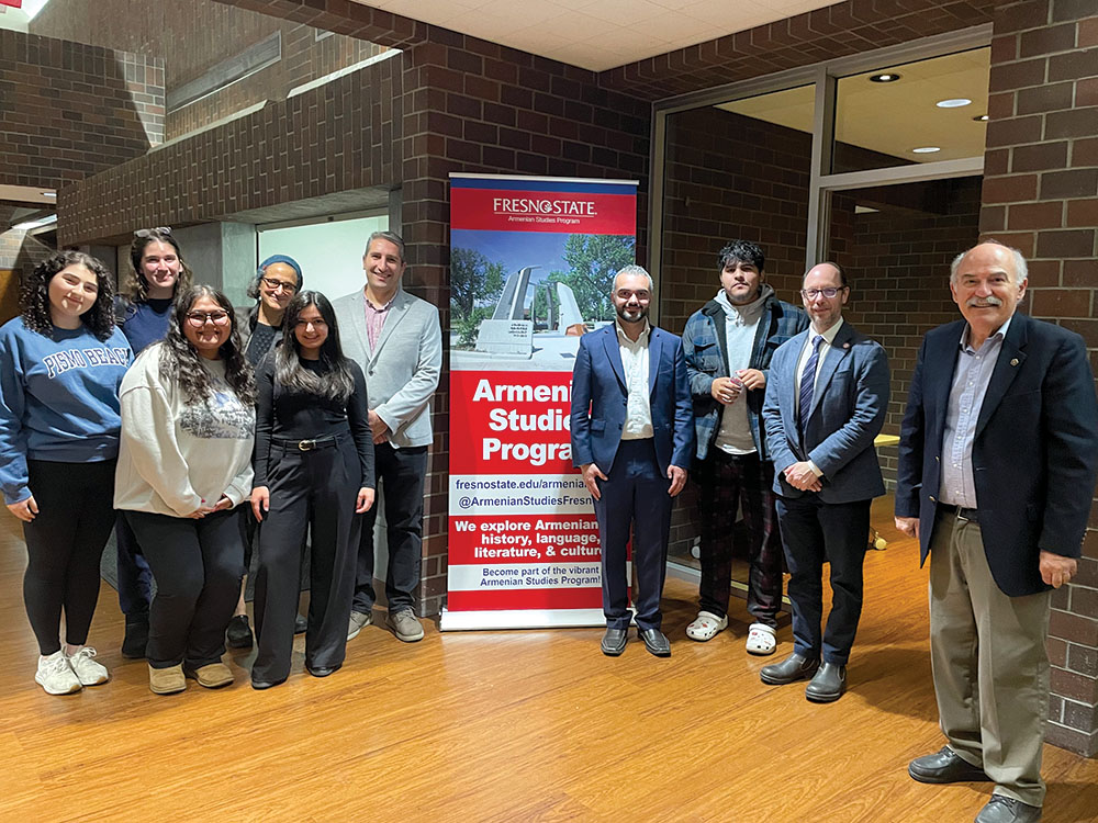 Left to right: Talia Solak, Ani Sargsyan, Katherine Arslanian, Malina Zakian, Natalie Agazarian, Dr. David Zakarian, Dr. Simon Maghakyan, Jose Razo, Dr. Sergio La Porta, and Prof. Barlow Der Mugrdechian.