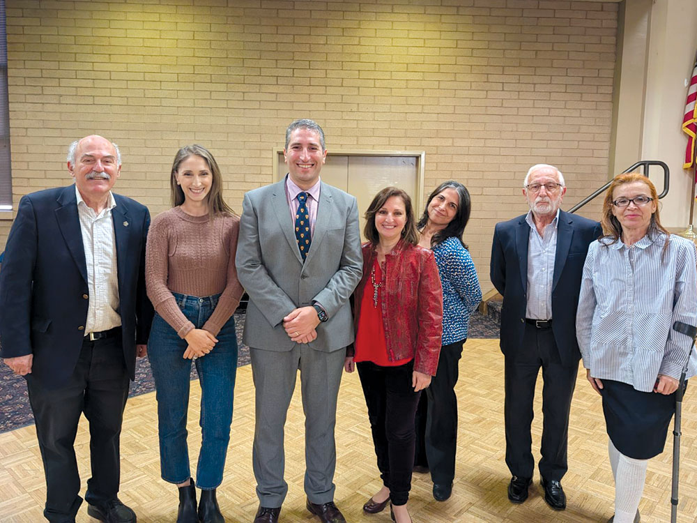 Left to right: Prof. Barlow Der Mugrdechian, Marine Vardanyan Peters, Dr. David Zakarian, Karoun Boyadjian, Linda Shekerjian, Zohrab Atarian, and Sylva Guluzian, following the November 10 presentation. Dr. Zakarian presented an illustrated lecture on Armenian colophons.