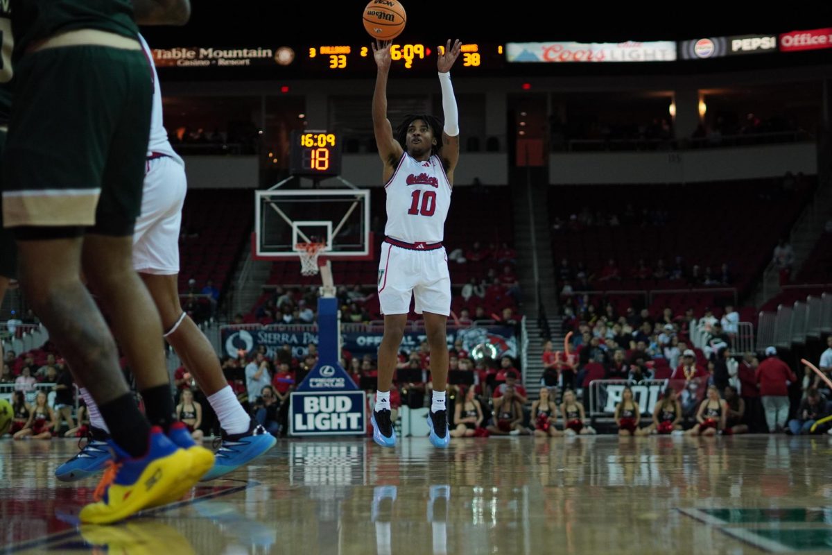 Guard Zaon Collins shoots against Colorado State on Jan. 25, at the Save Mart Center. 