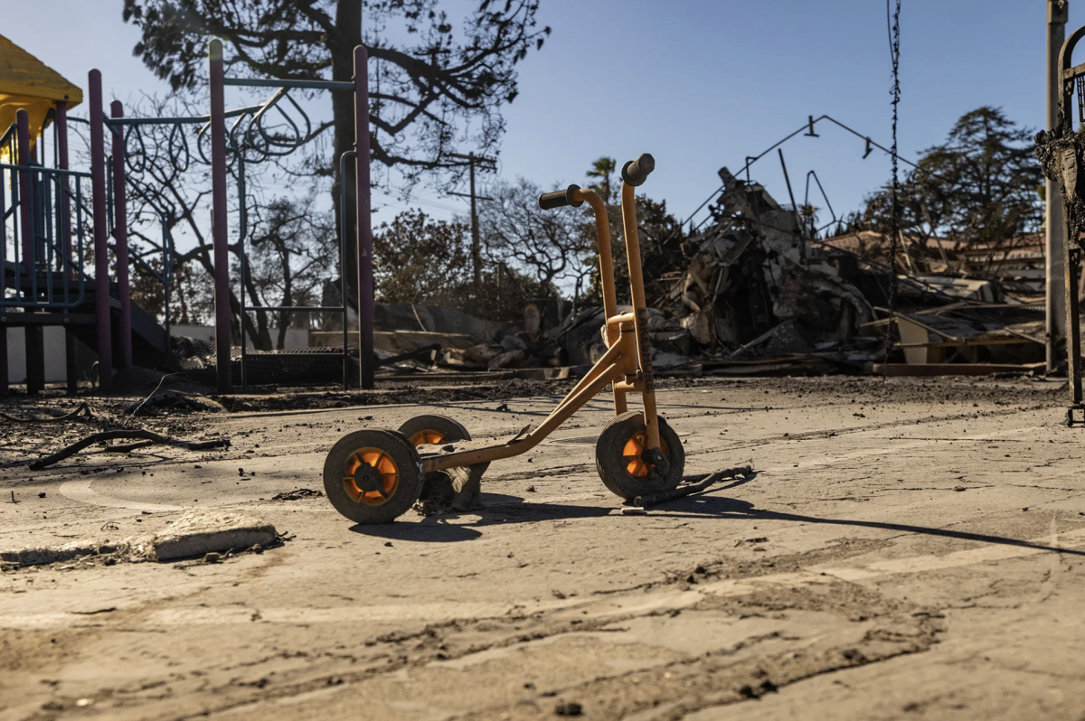 Scorched rubble at Palisades Charter Elementary School, which was destroyed by the Palisades Fire in Pacific Palisades, on Jan. 12, 2025. 