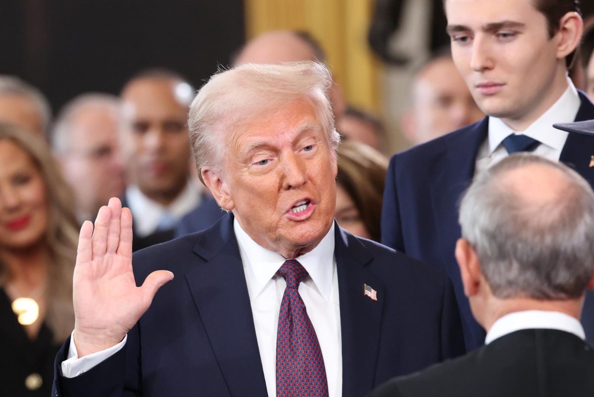 U.S. President Donald Trump takes oath on the day of his Presidential Inauguration at the Rotunda of the U.S. Capitol in Washington, U.S., on Jan. 20, 2025. 