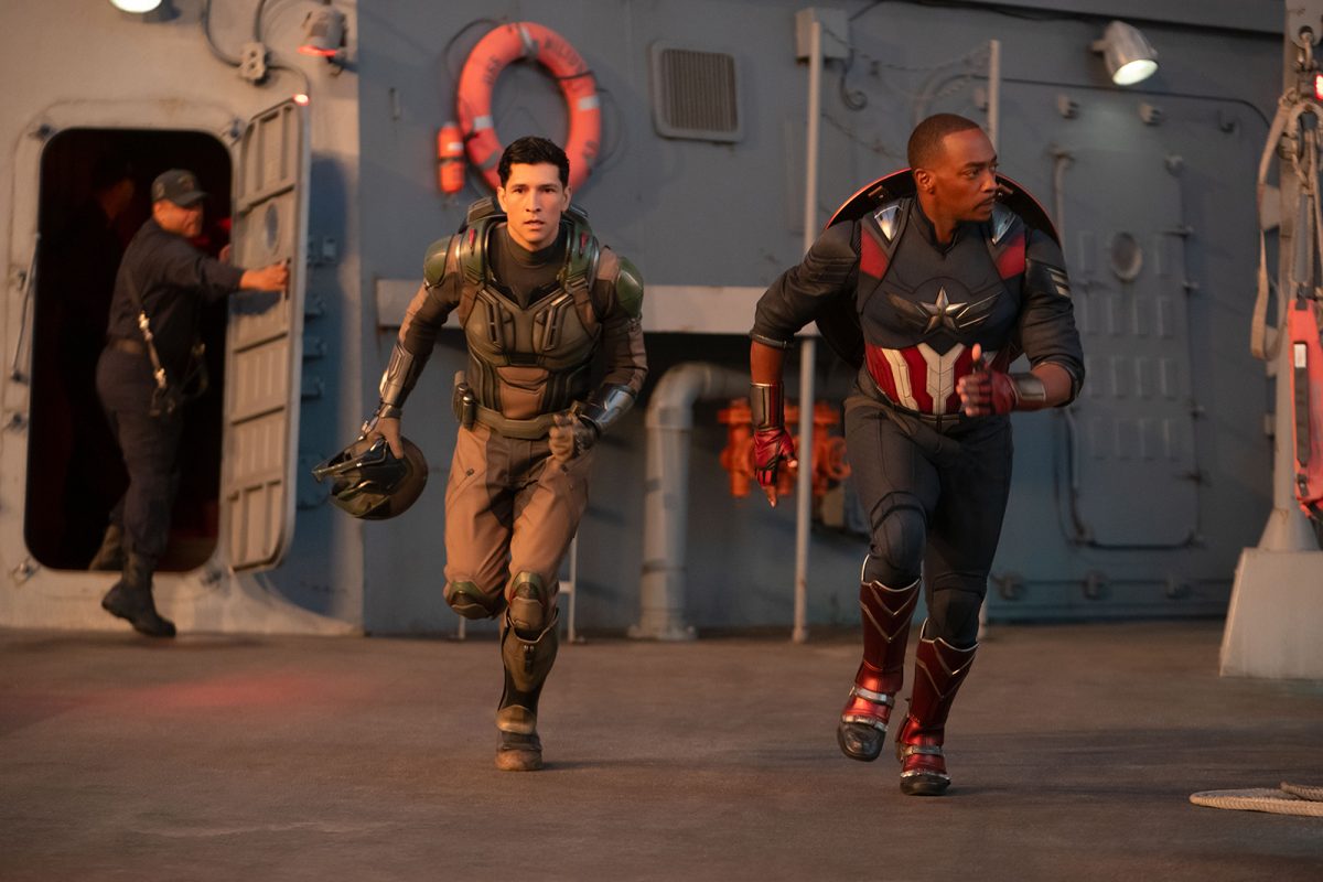 Danny Ramirez, left, as the Falcon/Joaquin Torres and Anthony Mackie as Captain America/Sam Wilson in Marvel Studios' "Captain America: Brave New World." 