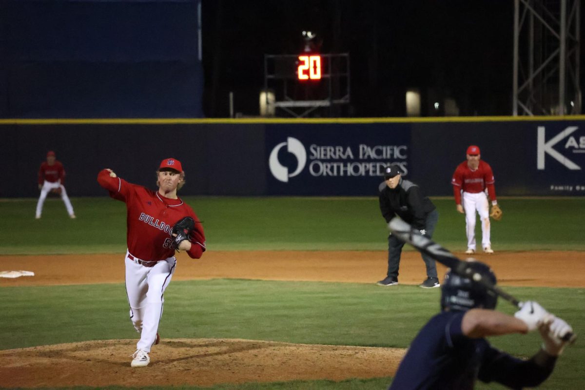 Pitcher Caleb Anderson on the mound for Fresno State against Brigham Young University (BYU) at Bob Bennett Stadium on Feb. 17.