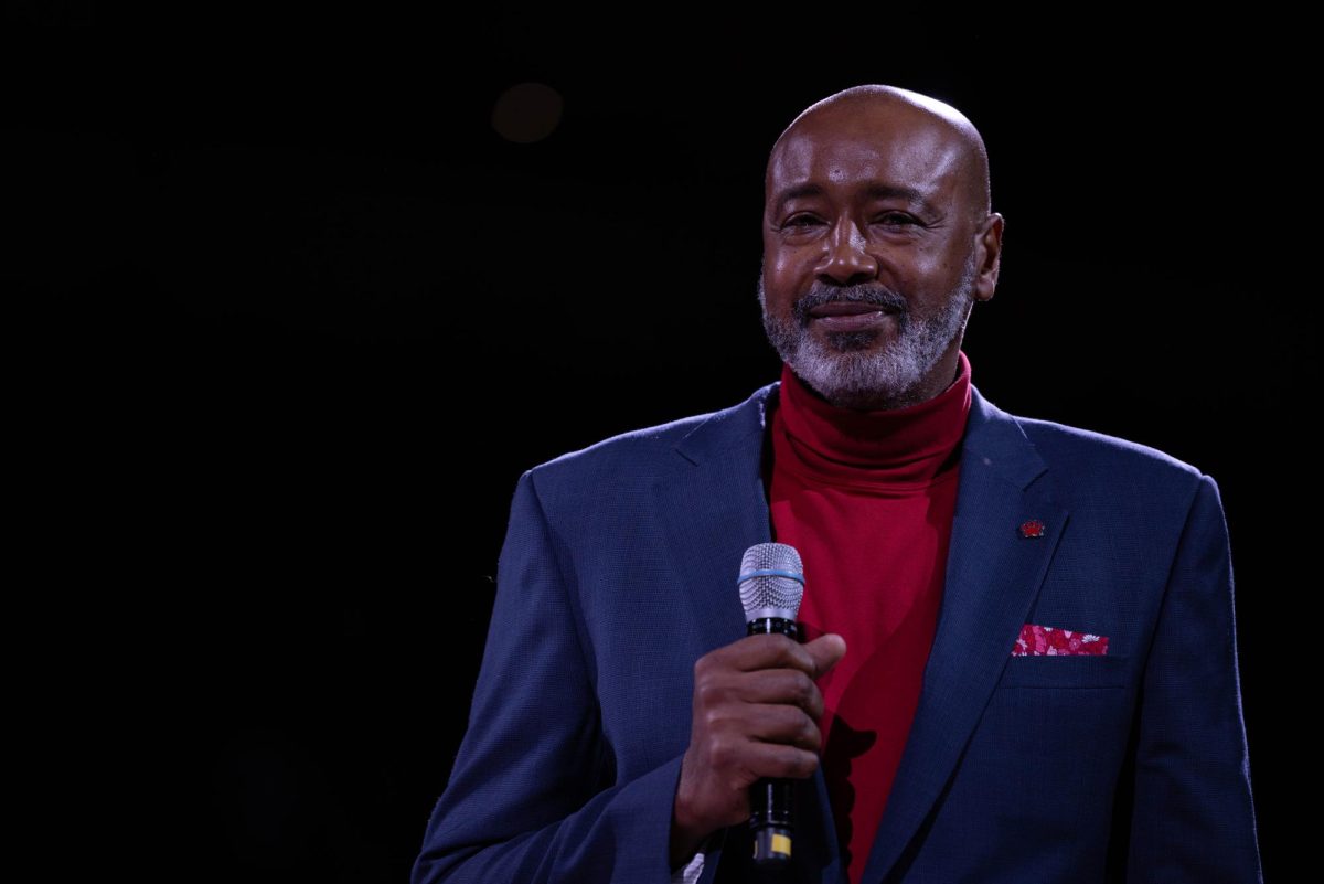 Former Bulldog Rod Higgins on the microphone during his jersey retirement at the Save Mart Center on Feb. 24.