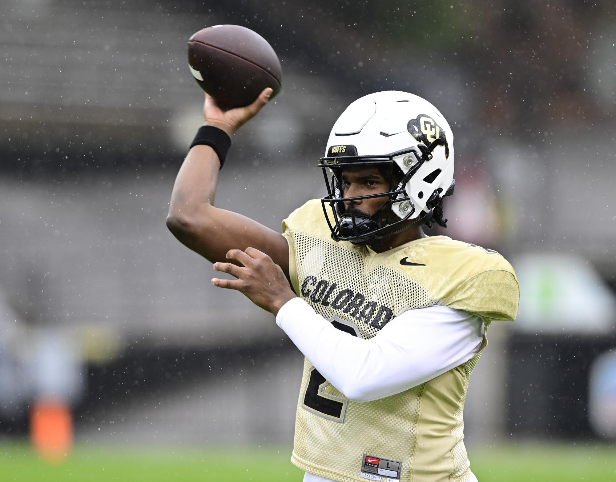 Colorado quarterback Shedeur Sanders (2) during warm-ups before the Black and Gold spring game at Folsom Field on Saturday, April 27, 2024, in Boulder, Colorado. 
