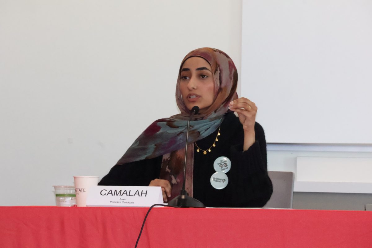 Camalah Saleh speaks during Associated Students, Inc. presidential debate on March 24.