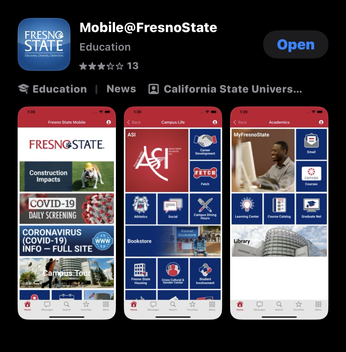 Screenshot of the Mobile@FresnoState app in the app store on Aug. 27.