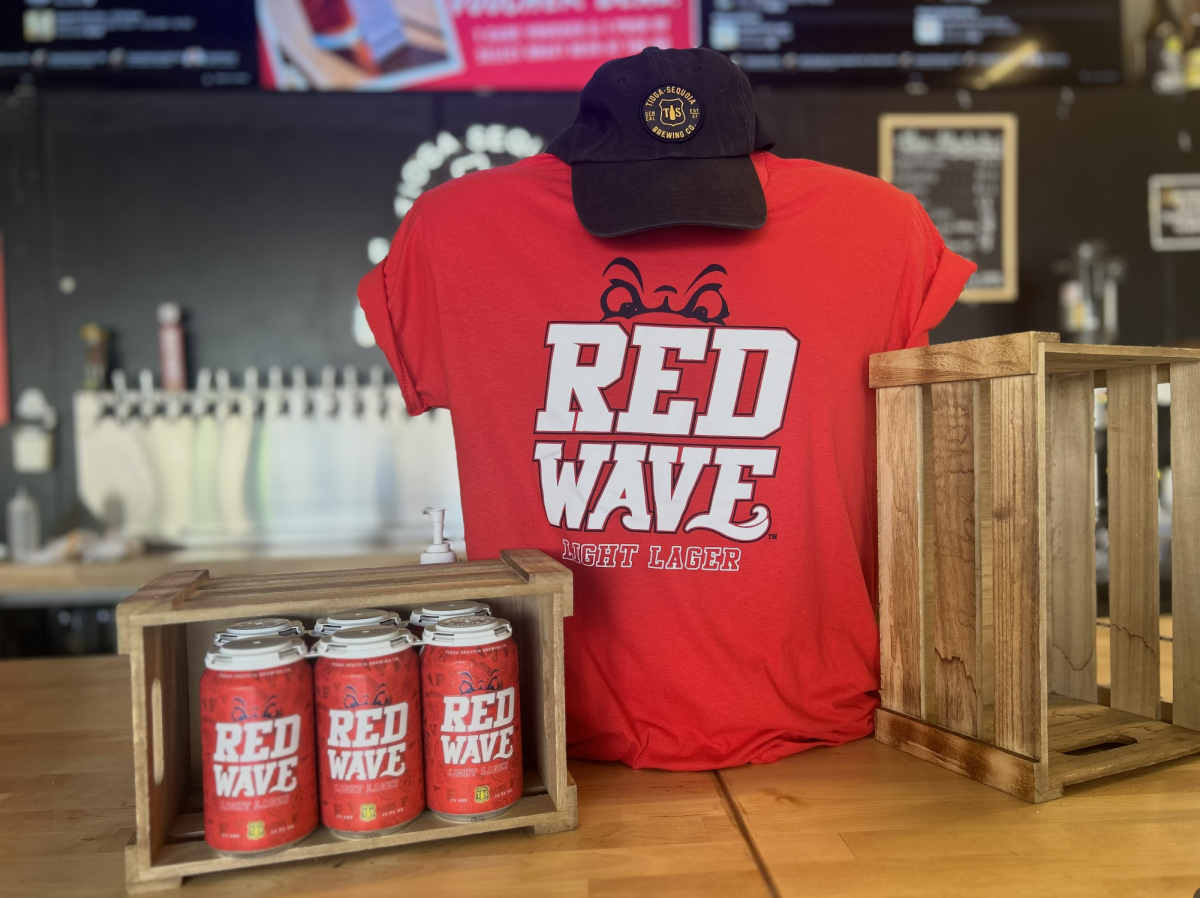 Red Wave Beer, shirt and Tioga-Sequoia  Brewing Co. hat at Tioga.