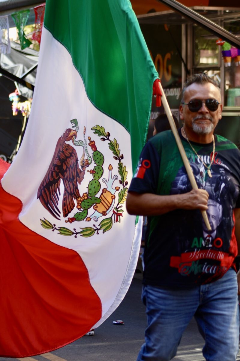 A man carries a Mexican flag through the Fiestas Patrias parade on Sept. 14.