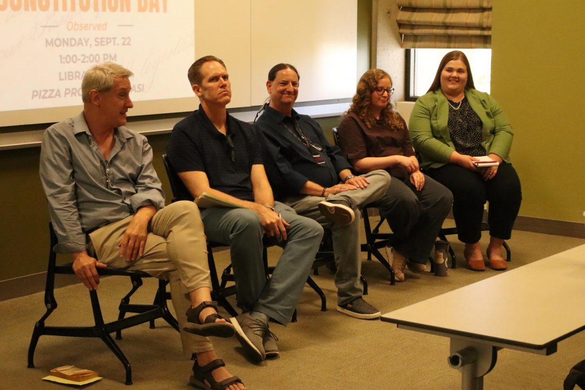 Political Science professors having a discussion during The Separation of Powers: From Past to Present event on Sept. 22 in the Fresno State Library.