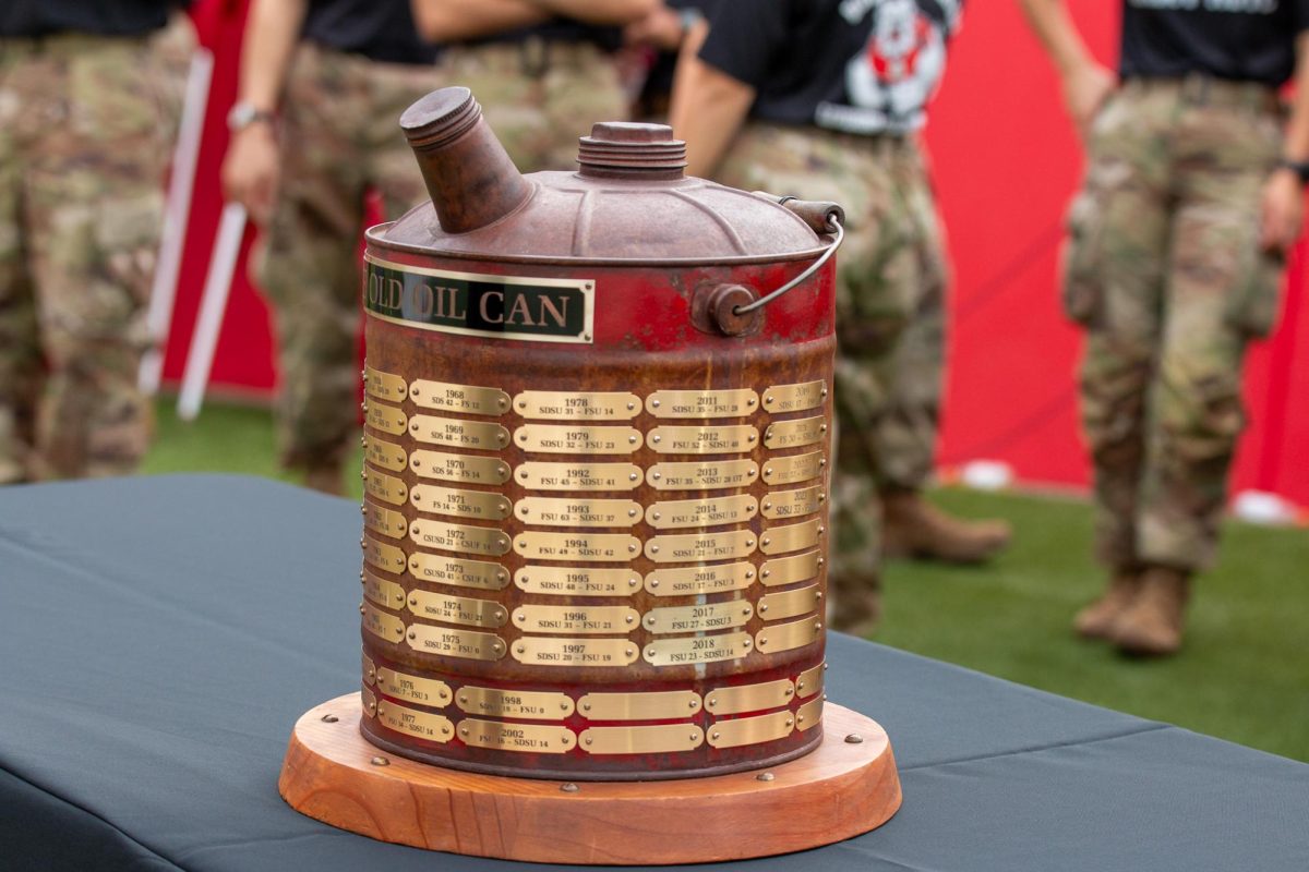 The Old Oil Can trophy displayed in the south end zone of Valley Children's Stadium on Oct. 25. The origin of the trophy came from when fans from both schools would travel over the "grapevine" section of highway 99.