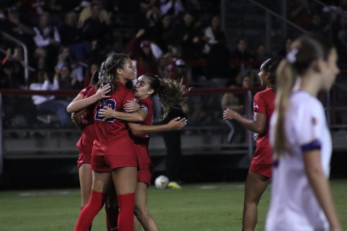 Tiana Beavers celebrates with teammates after scoring a goal against San Jose State at Bulldog Soccer Stadium on Oct. 30.