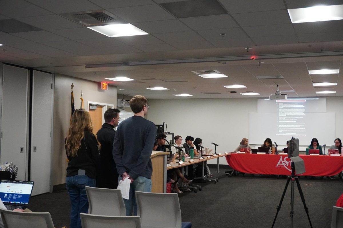 ASI Operations Manager Frederick Lisitsa and election commissioners Melissa Jauregui and James Swanson present the timeline for the Spring 2026 ASI elections at the last ASI meeting of the semester on Dec. 3 in the Resnick Student Union Room 207.
