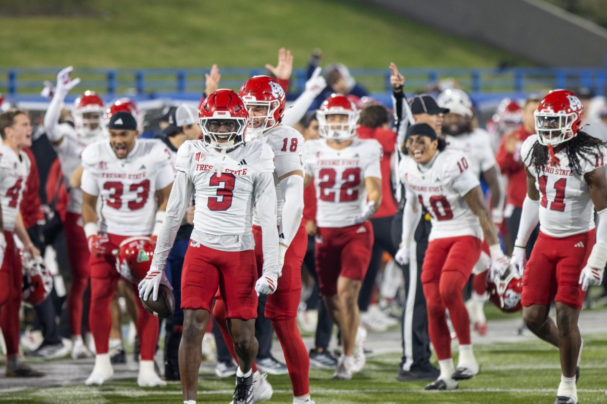 Bulldogs' defensive back Al'zillion Hamilton (3) celebrates after grabbing an interception against the San Jose State Spartans on Nov. 29 at CEFCU Stadium. Hamilton was named to the all-Mountain West team in his senior season with the Bulldogs