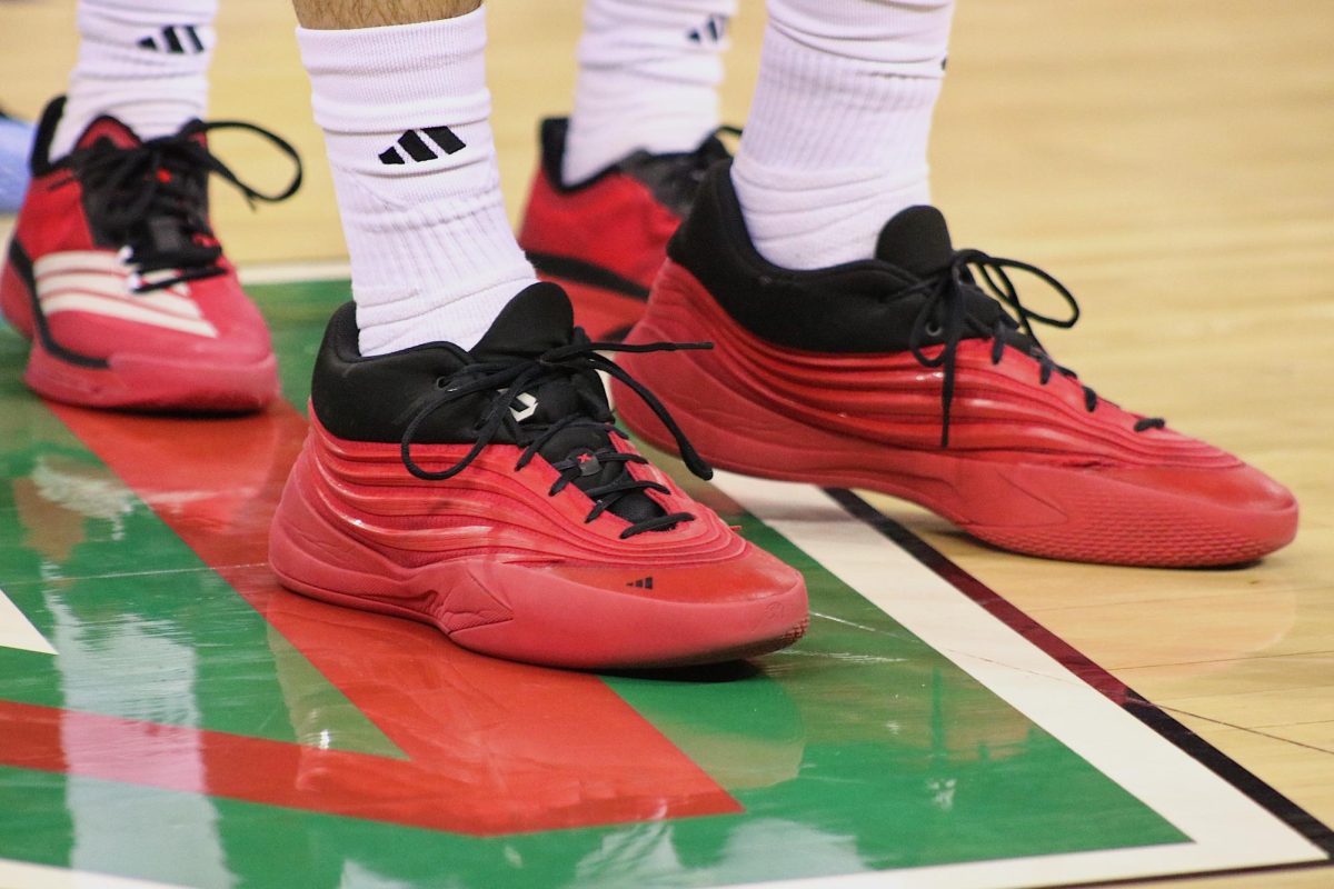 Center Wilson Jacques wore a pair of Dame Xs in the "Pure Ruby" color way. Jacques is averaging the fourth-most defensive rebounds per game in the Mountain West with 5.68 and is second in average offensive rebounds per game at 2.84. Behind him, guard Jake Heidbreder also wore the "Pure Ruby" color way but in a pair of Adizero Select 3.0s. Heidbreder is third in the Mountain West in points per game at 17.5 while leading the conference in free throw percentage at 90%.