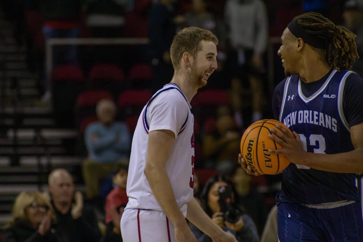 Bulldogs' guard Jake Heidbreder smiles as he walks off the court after an 85-76 victory over the New Orleans Privateers on Nov. 21, 2025. This is the last game that Heidbreder missed a free throw; over the next 10 games, he would make 40 free throws to break the Fresno State record, once held by Rod Higgins.