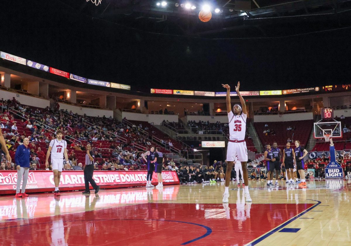 Bulldogs' forward DeShawn Gory shoots a free throw after an intentional foul by the Grand Canyon Antelopes on Jan. 24 at the Save Mart Center. Gory pulled in his fifth double-double in six games, scoring 19 points and grabbing 10 rebounds.