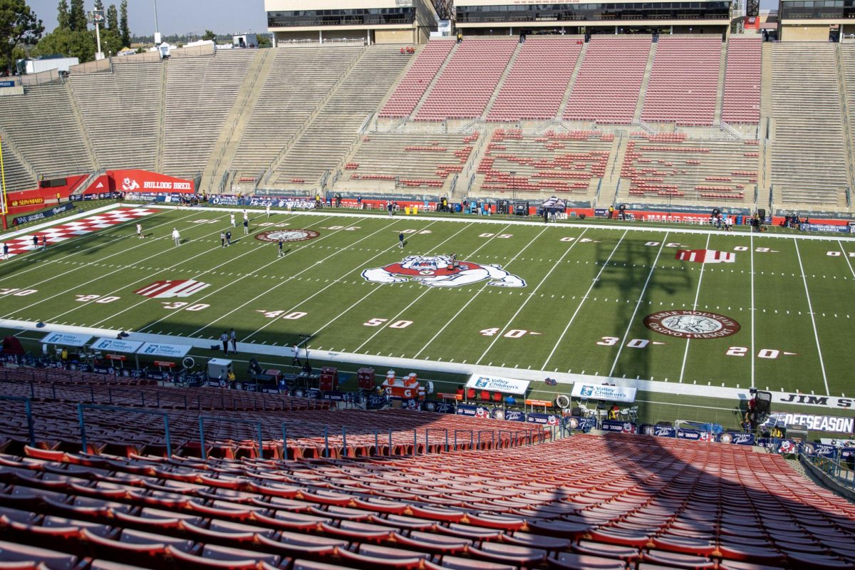 The special teams unit of the Georgia Southern Eagles warms up on Jim Sweeney Field at Valley Children's Stadium on Aug. 30, 2025. Fresno State added the Table Mountain Casino Resort logo prior to the 2025 season.