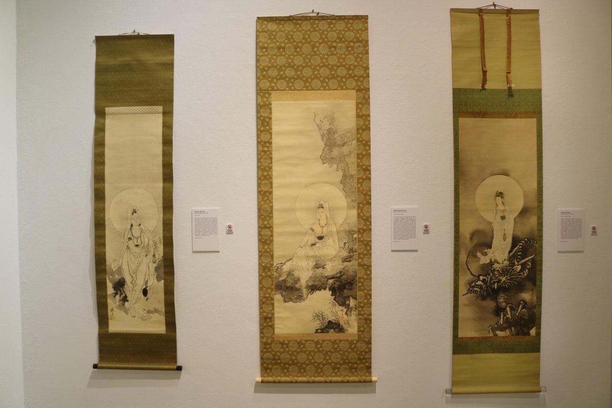 Three scroll paintings with traditional Japanese women. 