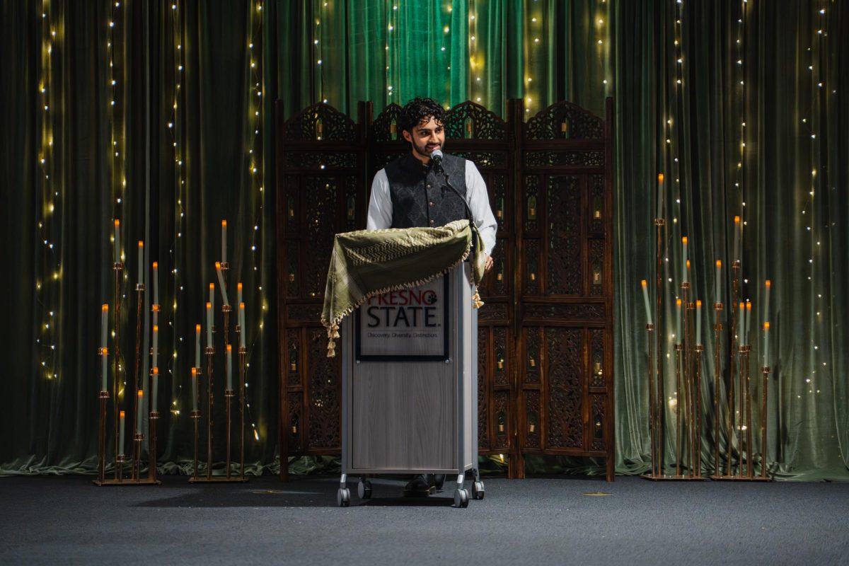 Raheem Saeed speaks at the 3rd annual Iftar event on Feb. 26 in the Ruiz Ballroom in the Resnick Student Union.