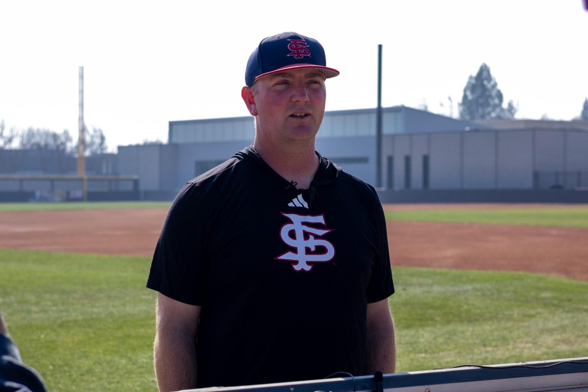 Fresno State baseball Head Coach Ryan Overland speaks to the media on Feb. 4 at Bob Bennett Stadium. Overland and the Diamond 'Dogs look for their third-consecutive Mountain West title before they head to the Pac-12.