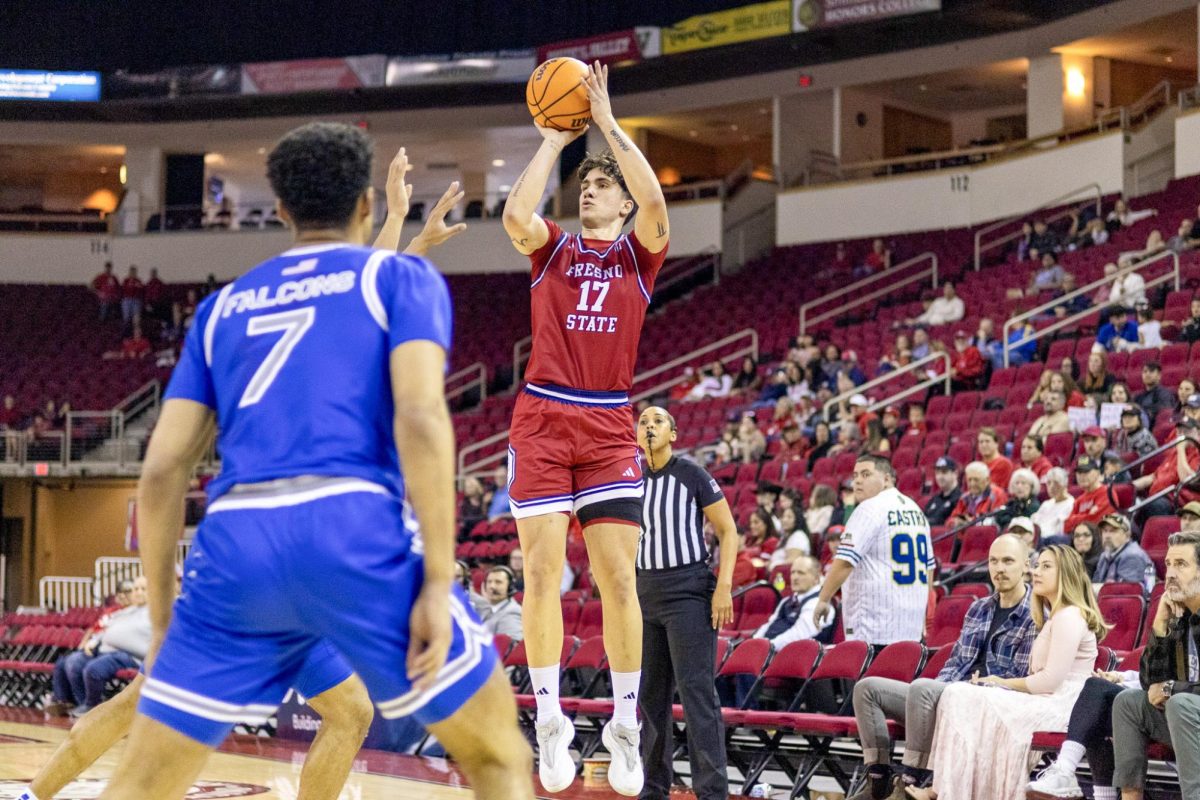 Guard Matteo Porto attempts a corner 3-pointer against the Air Force Falcons on Feb. 14 at the Save Mart Center. Porto finished with two points in the Bulldogs' 93-63 win over the Falcons.