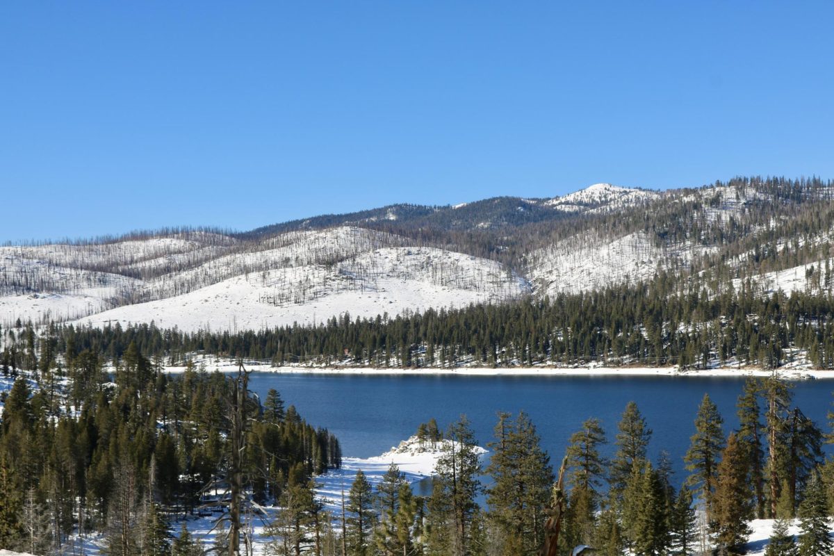 Shaver Lake surrounded by snow-dusted hills on Jan. 12