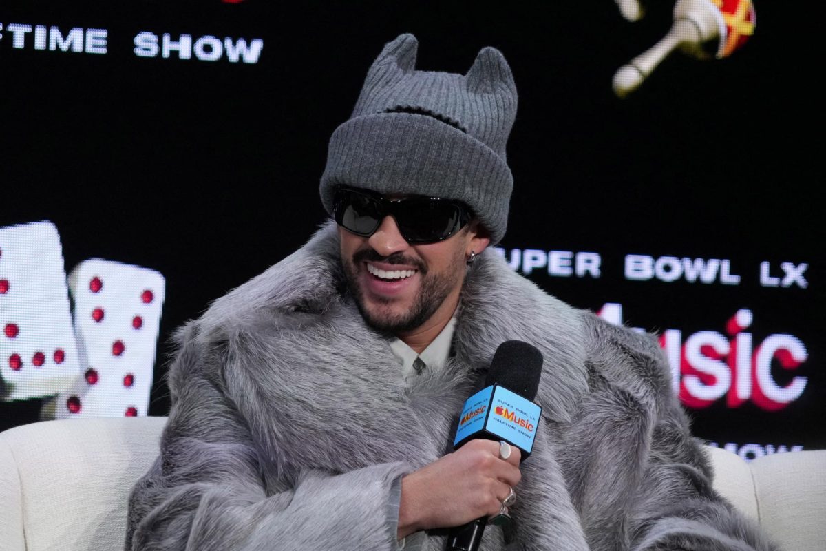 Bad Bunny at a press event hosted by Apple Music discussing his upcoming Super Bowl halftime performance. 