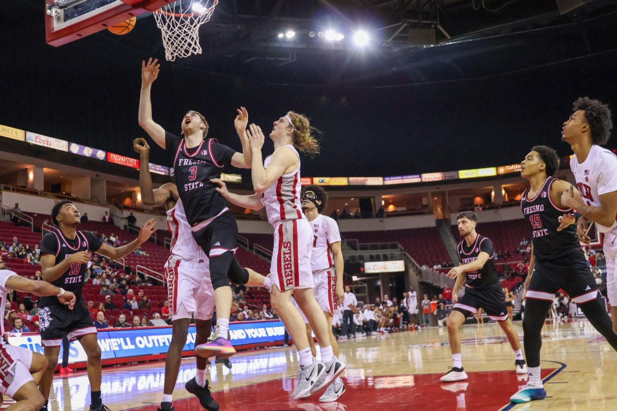 Fresno State men's basketball guard Jake Heidbreder goes up for a right-handed layup against the UNLV Rebels on Feb. 3 at the Save Mart Center. Heidbreder had a game-high 29 points, including a buzzer-beater.