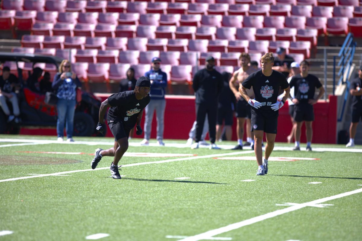 Defensive back Al'zillion Hamilton completes a drill as defensive back Camryn Bracha watches at the 2026 Fresno State Pro Day at Valley Children's Stadium on March 9. The Bulldogs had 17 athletes compete in the Pro Day.