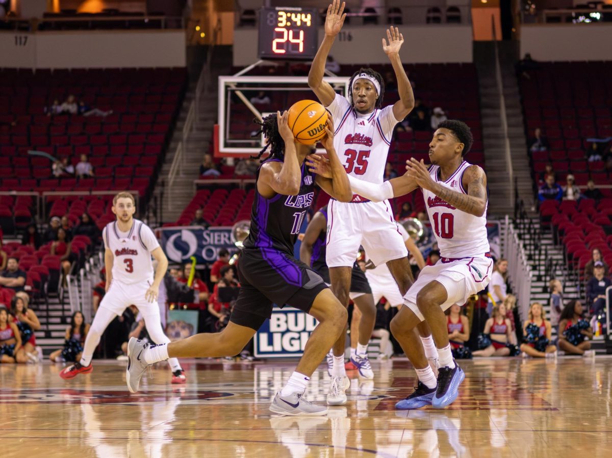 Fresno State men's basketball forward DeShawn Gory and guard Zaon Collins trap Grand Canyon University guard Jaden Henley at midcourt with guard Jake Heidbreder watching in the defensive zone on Jan. 24 at the Save Mart Center. Heidbreder was named the All-Mountain West third team and and Gory were named an All-Mountain West Honorable Mention on March 10.
