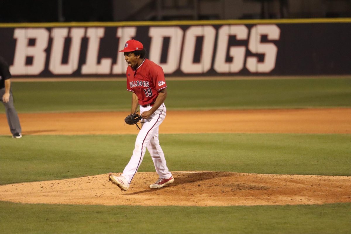 BJ Rodriguez celebrates on the mound following an inning-ending strikeout in the top of the fourth inning.