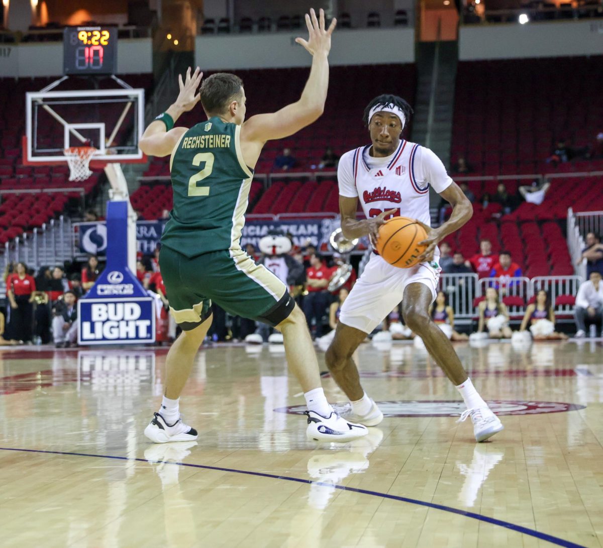 Fresno State men's basketball guard DeShawn Gory stands at the left wing with the ball against Colorado State Ram defender Brandon Rechsteiner on Jan. 13 at the Save Mart Center. The 'Dogs and Rams will match up in the first round of the Mountain West Tournament in Las Vegas on March 11.