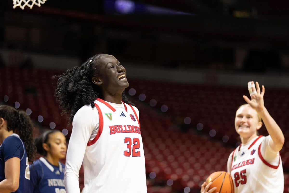 Fresno State women's basketball forward Djessira DIawara smiles after getting fouled against the University of Nevada, Reno Wolf Pack on March 7 at the Mountain West Tournament.