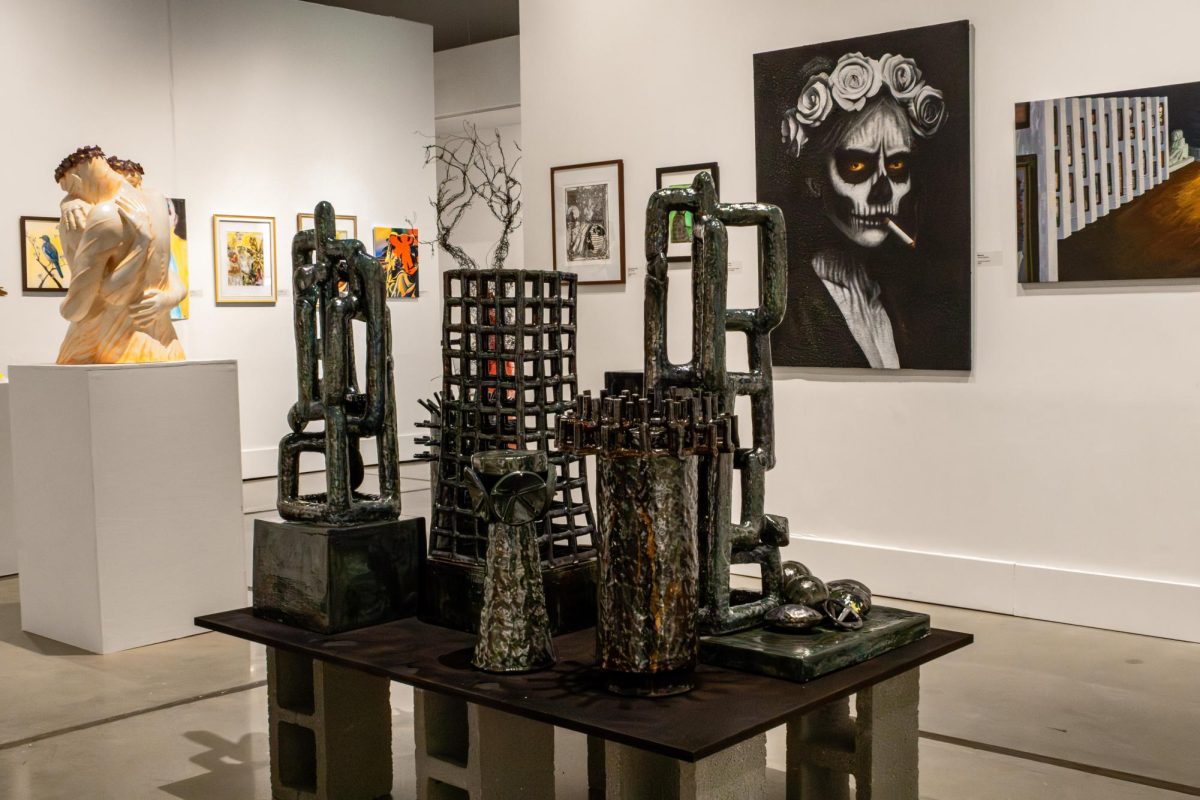 “Invisible Cities,” a glazed ceramic sculpture by Elle Mortensen, is displayed at the senior studio art show on April 8 at the Phebe Conley Art Gallery. The piece received the Best of Show Award. 