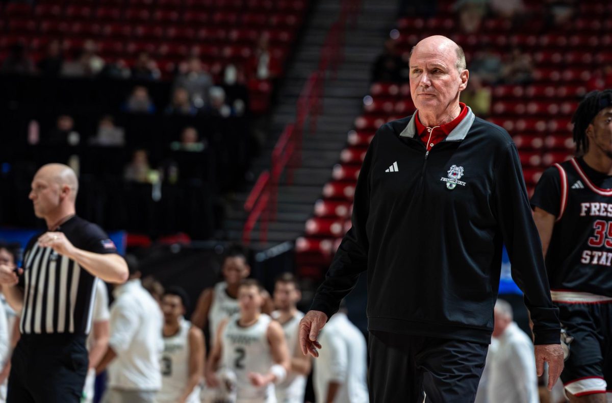 Fresno State men's basketball Head Coach Vance Walberg on the court of the Thomas and Mack Center on March 11 during the Bulldogs' first-round game against the Colorado State Rams. Fresno State men's basketball will lose a significant amount of players through the transfer portal for the second consecutive season.