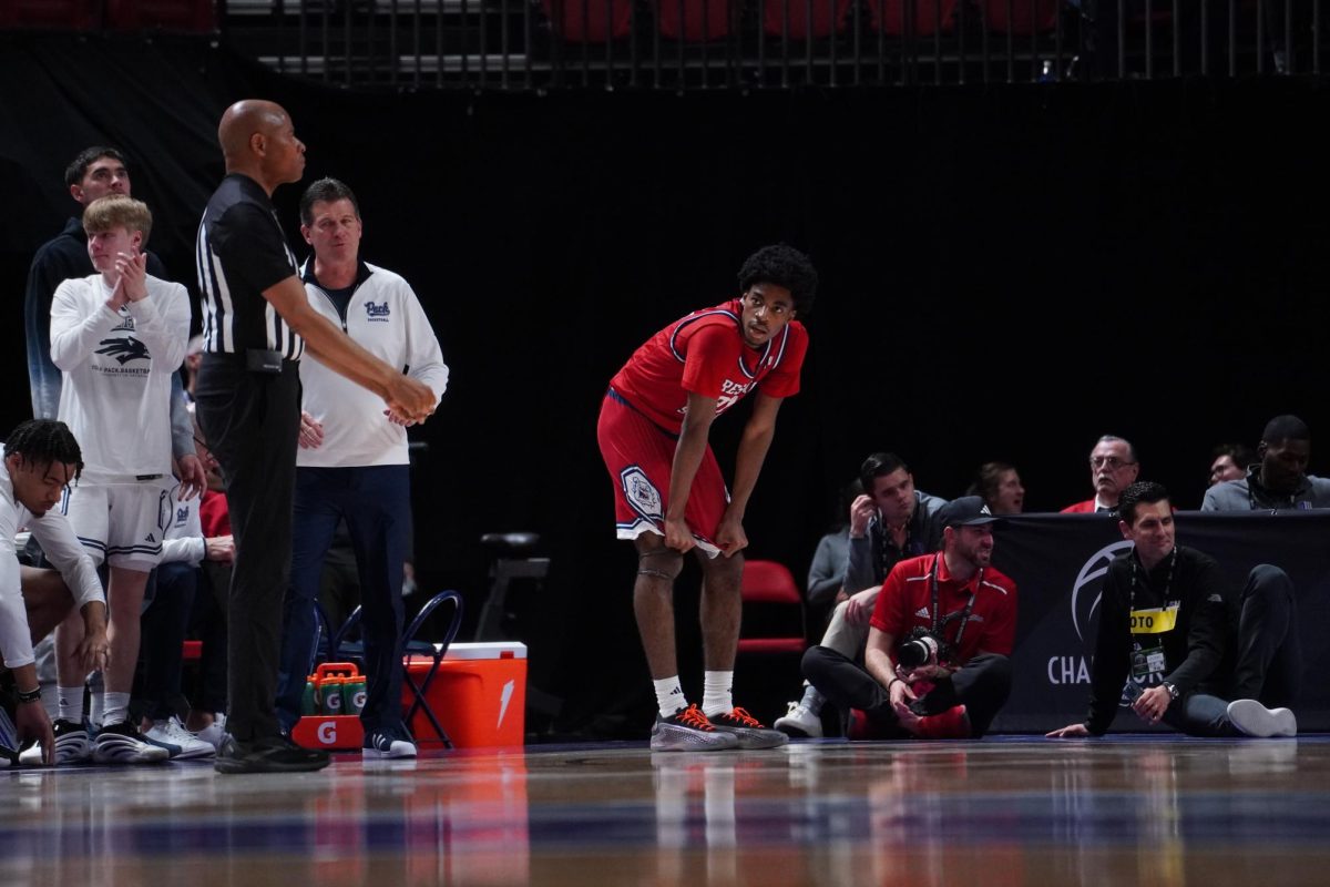 Former Bulldog Brian Amuneke stands in the corner of the Thomas and Mack Center on March 12, 2025, against the Nevada Wolf Pack in the first round of the 2025 Mountain West Tournament. Amuneke transferred to Witchita State following the 2024-25 season, but transferred back after one season with the Shockers.