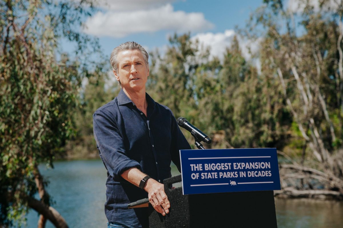 Gov. Gavin Newsom speaks on state park expansion at Sycamore Island, Madera, CA. April 22, 2026. 