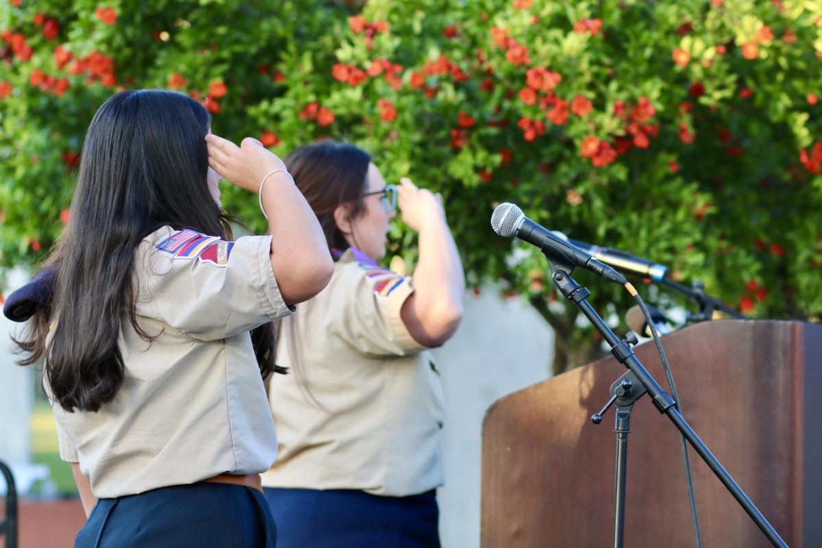 Members from the Homenetmen Fresno Sassoon Chapter salute the flag of the United States of America, Armenia and the Republic of Artsakh. 