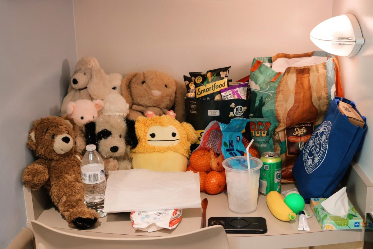 Joshua's favorite stuffed animals, snacks and of course, his ice cold water, on his shelf nook in his hospital room. 