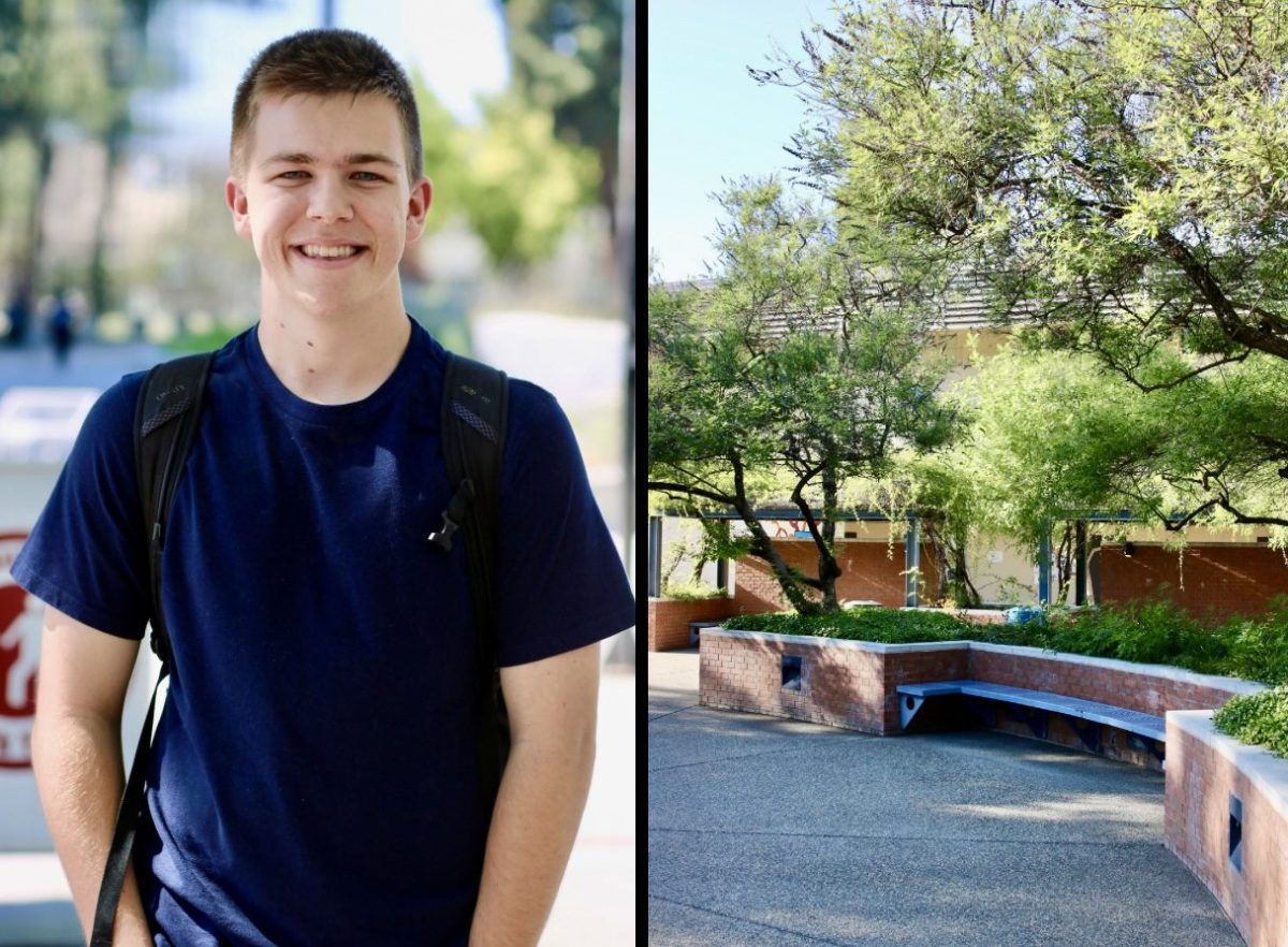 This is Noah Nicholls. He is a third-year biology major and his spot is the courtyard outside McLane Hall. 